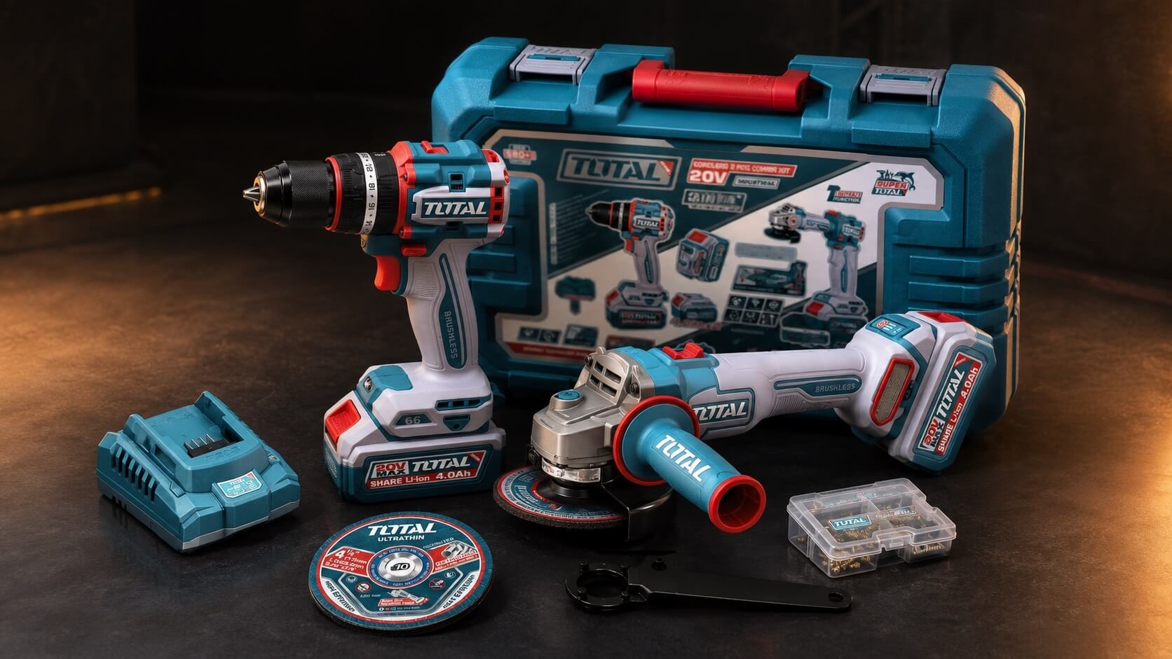Taladro percutor y pulidora Brushless TOTAL 20V con accesorios